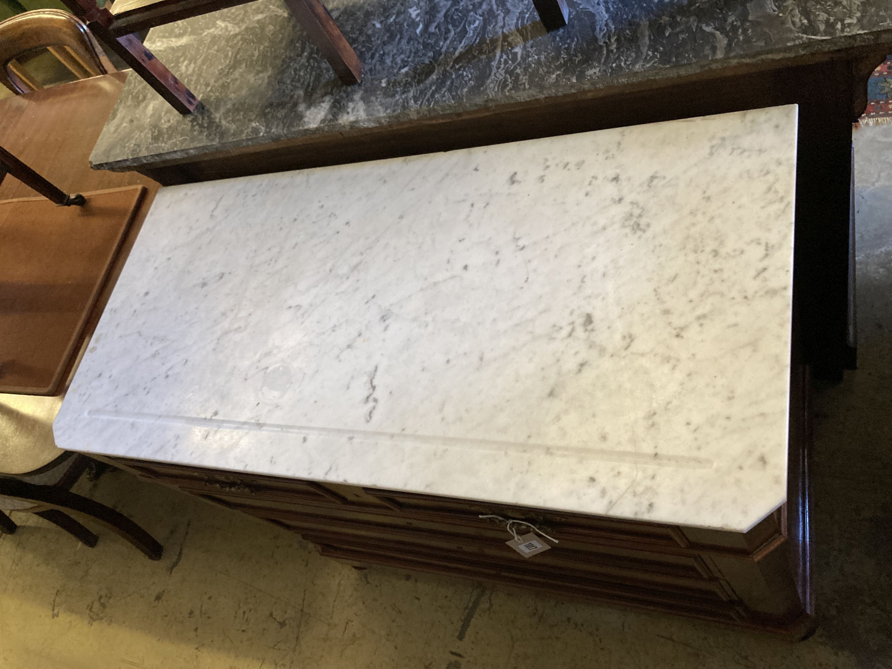 A 19th century French walnut commode with marble top, width 97cm, depth 46cm, height 86cm